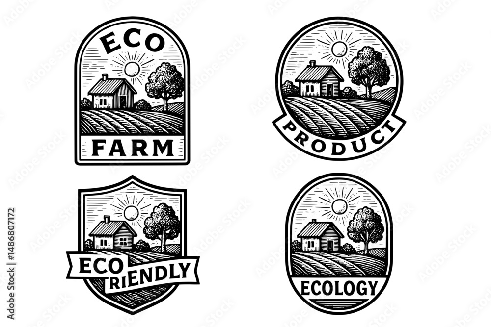 Fototapeta premium Vintage engraved emblems featuring eco-friendly themes and farm landscapes showcasing sustainability and nature