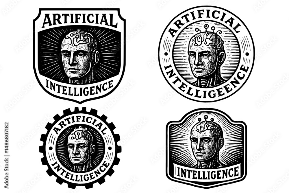Obraz premium Vintage engraved illustrations showcasing artificial intelligence emblems in a unique logo design celebrating innovation