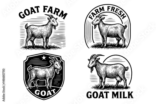 Vintage engraved logo collection featuring goat farm themes showcasing fresh milk and farm life in rustic design styles