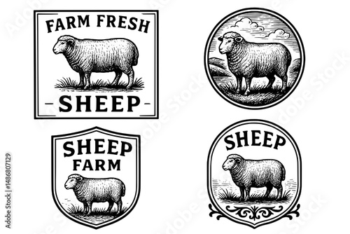 Vintage collection of engraved sheep emblems showcasing farm fresh themes and rustic charm in classic design style