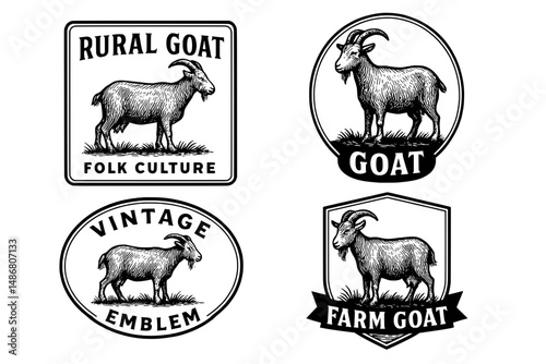 Vintage goat emblems showcasing rural folk culture and timeless design elements in engraved illustrations