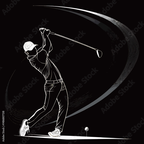 A focused male golfer swings with precision against a dramatic black background.