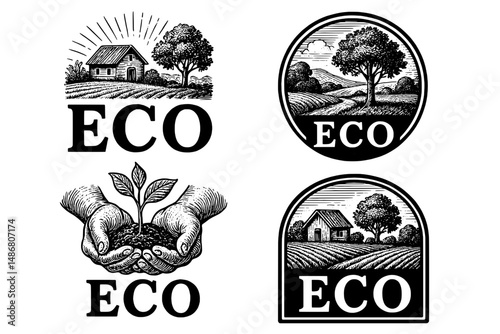 Vintage eco-themed logos showcasing nature and sustainability with engraved illustrations in a timeless design style