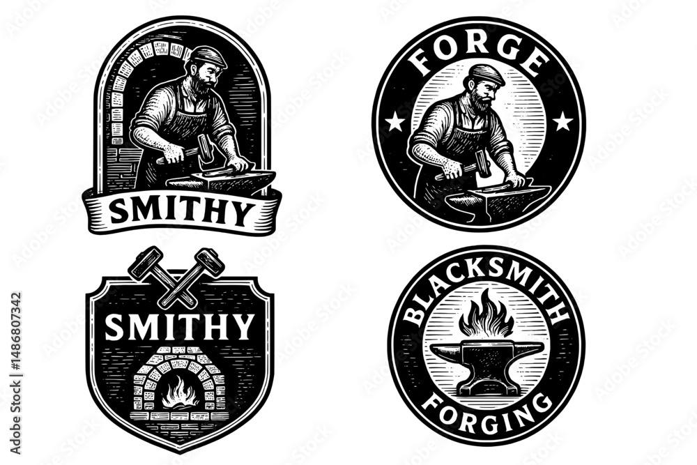 Obraz premium Vintage blacksmithing emblem collection showcasing intricate design and craftsmanship in engraved style