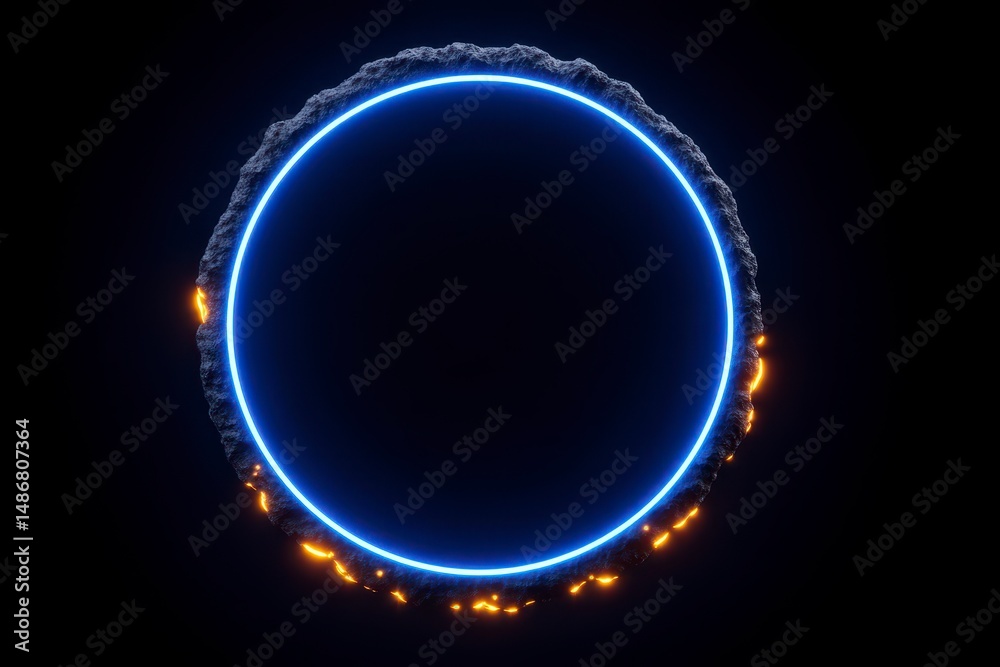 Obraz premium Futuristic Neon Circle Frame Glowing Blue Ring Abstract Background Dark Space Rock Tex