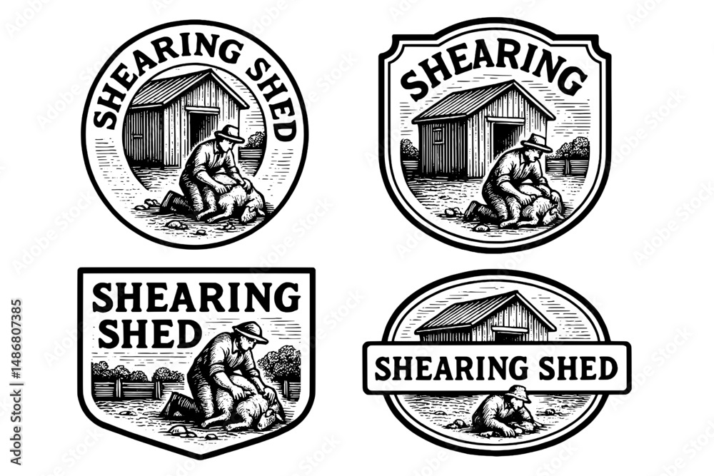 Vintage engraved logos featuring a shearing shed and farmer tending sheep in timeless design