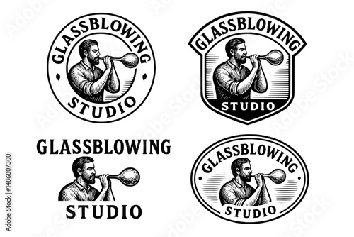 Vintage glassblowing studio emblem featuring an engraved illustration of a skilled craftsman at work