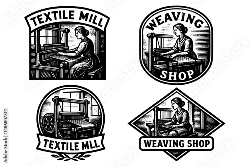 Vintage collection of engraved emblems showcasing textile mill and weaving shop craftsmanship