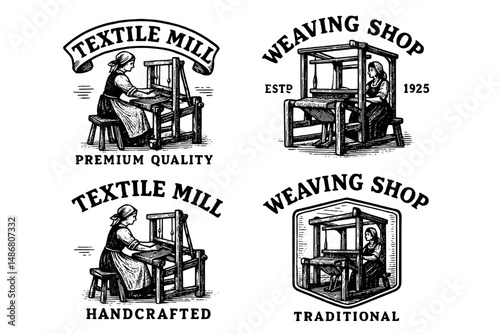 Vintage textile mill and weaving shop emblems showcasing quality craftsmanship and traditional techniques in vector design for creative projects