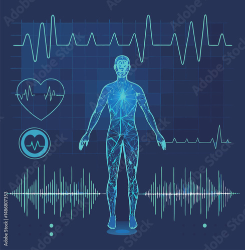 Abstract digital illustration of a human body with health metrics and vital signs.