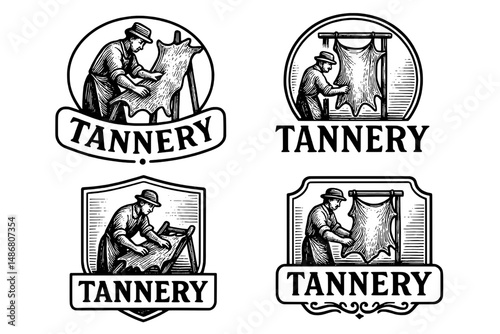Intricate vintage emblem collection featuring artisans working on leather tanning