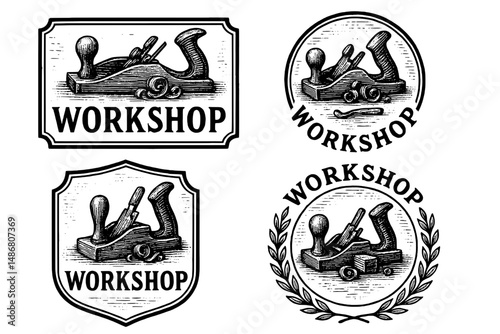 Vintage workshop emblems featuring intricately engraved tool illustrations in a unique collection design aimed at craft enthusiasts