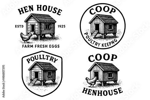 Vintage embossed emblems showcasing hen houses and poultry keeping designs from the 1920s to celebrate farm life and rustic charm