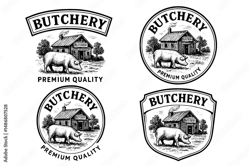Obraz premium Vintage engraved butchery logo collection featuring iconic hog illustrations and rustic quality design elements