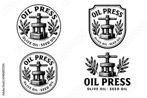 Elegant vintage emblem collection featuring an olive oil seed press design with intricate engravings and classic elements