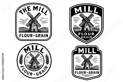 Crafted vintage emblems featuring a windmill, symbolizing the art of flour production and the heritage of grain milling