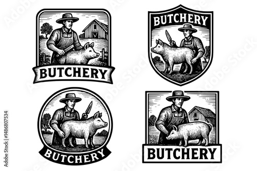 Vintage collection of engraved butchery emblems reflecting artisan craftsmanship and farm life in rustic settings