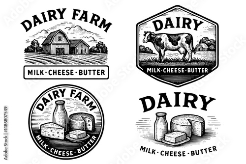 Engraved vintage logo collection featuring dairy farm elements, highlighting the timeless art of milk, cheese, and butter craftsmanship
