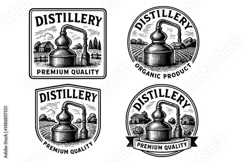 Engraved vintage distillery logos showcasing premium quality and organic products in a classic style