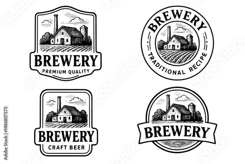 Vintage brewery logo set featuring engraved illustrations of rustic scenes and classic typography for premium craft brands
