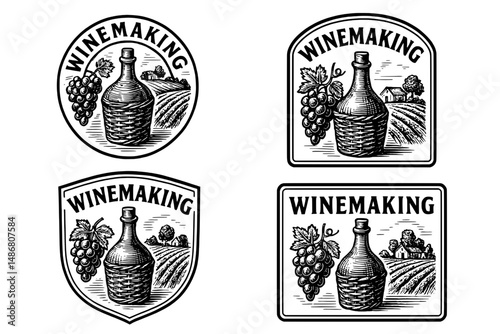 Vintage winemaking emblems showcasing engraved illustrations of bottles and grapes in a classic design collection