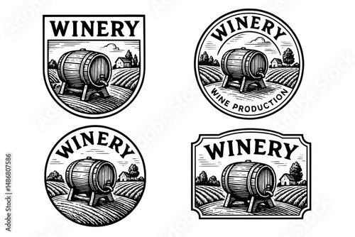 Vintage engraved logos showcasing a winery theme with intricate barrel designs set against rolling fields