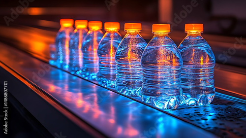 Water bottles on conveyor belt production line industrial manufacturing