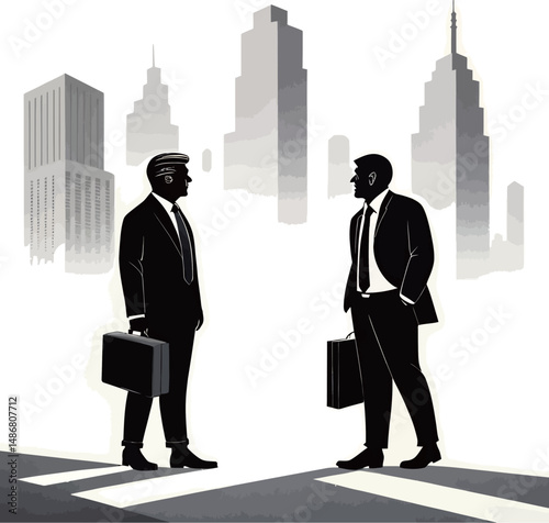 Two business professionals in suits stand confidently in a cityscape.