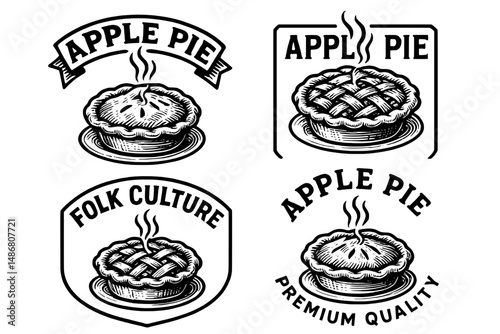 Vintage apple pie emblems showcasing engraved illustrations for a classic collection of baked goods design