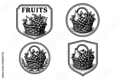 Elegant vintage emblem showcasing a beautifully engraved fruit basket design in artistic detail for a classic collection