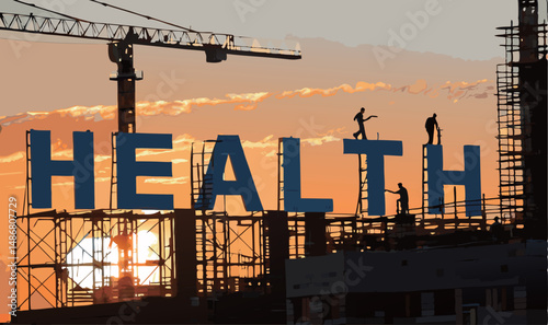Construction workers silhouetted against a sunset with 'HEALTH' sign.