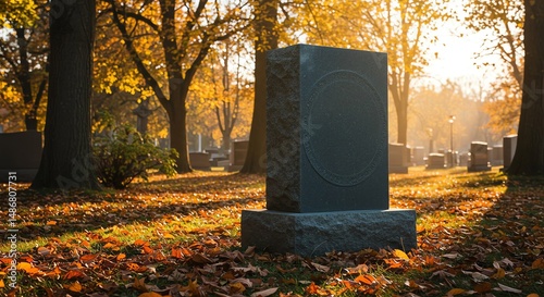 Gravestone in autumn cemetery at sunset