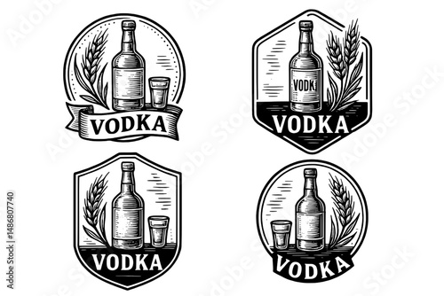 Vintage engraved logo collection showcasing vodka bottles and glasses in intricate design