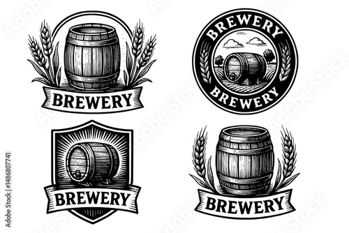 Vintage brewery logo collection featuring engraved illustrations and detailed emblems for unique branding opportunities