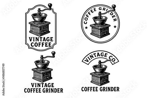 Intricate vintage coffee grinder emblems showcasing artisan design elements in an elegant collection