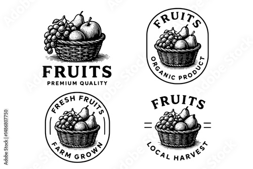 Vintage engraved collection of fruit emblems showcasing quality, freshness, and local harvest designs for organic products