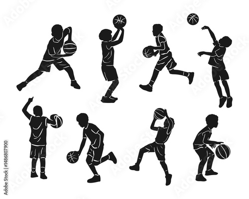 silhouette a kid play basketball collection on black color