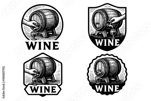Intricate vintage emblem designs featuring engraved wine barrels and glasses in a classic aesthetic