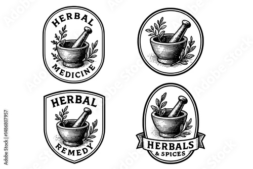 Vintage engraved herbal emblems showcasing traditional medicine and spices designs in a classic collection