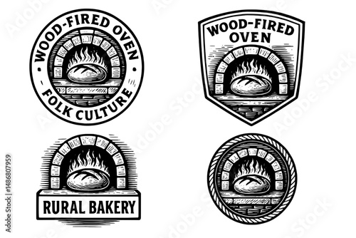 Vintage wood-fired oven logo collection showcasing rustic craftsmanship and traditional baking heritage for artisanal products