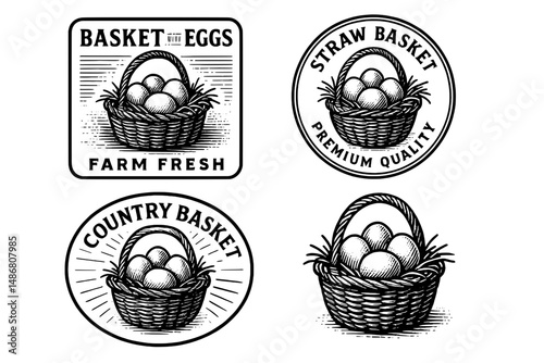 Vintage egg basket logos showcasing farm fresh quality and artisanal craftsmanship in a contemporary design aesthetic