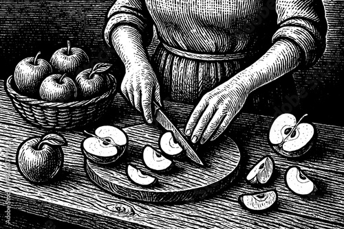 Culinary artistry showcased in a vintage engraving of a person slicing apples on a wooden table
