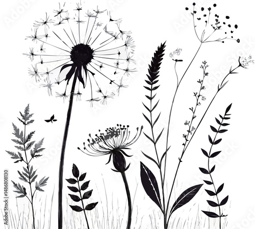 Stylized black and white illustration of various wildflowers and plants.