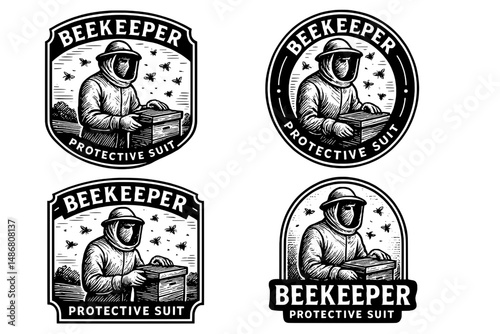 Vintage engraved beekeeper emblem collection showcasing protective suit and bee activity design