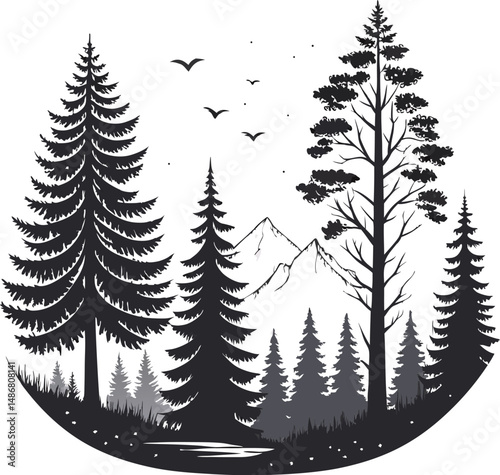 A serene black and white forest scene with layered trees and distant mountains.