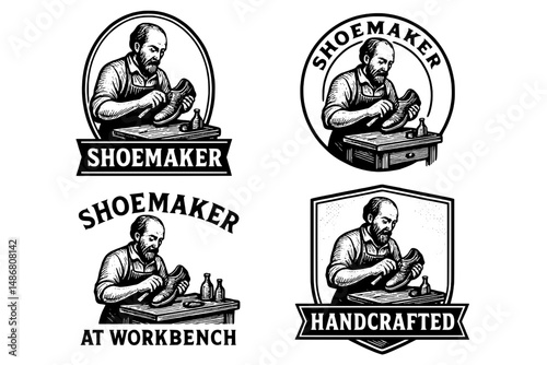 Vintage collection of handcrafted shoemaker emblems featuring detailed engravings and classic designs