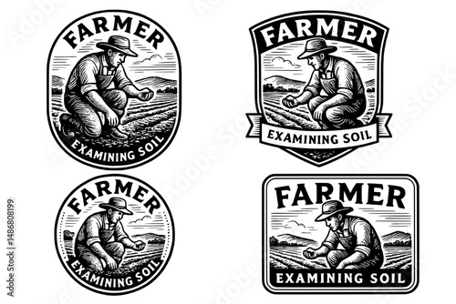 Vintage engraved emblem featuring a farmer examining soil in a serene landscape for a timeless design collection