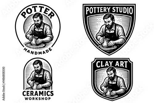 Engraved vintage logo designs showcasing a potter at work in a handcrafted ceramics studio