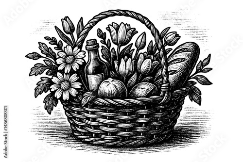 Vintage engraved emblem of a basket overflowing with flowers, fruits, and a beverage, showcasing artisanal craftsmanship and nature's bounty