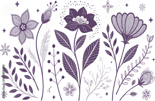 Elegant illustration of purple flowers and leaves in a whimsical design.